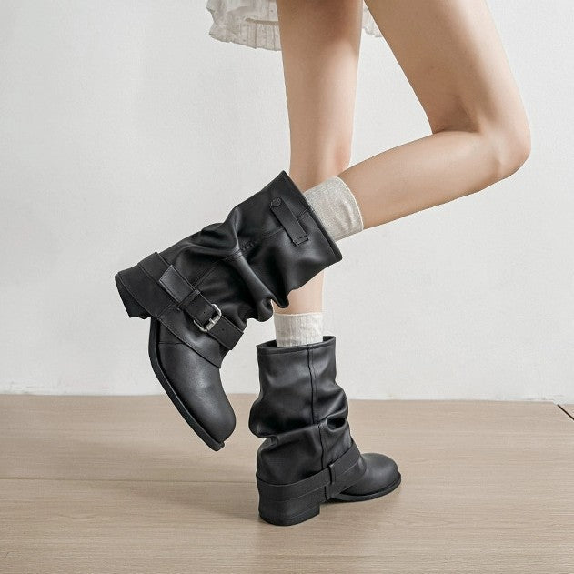 Damen Modische Stiefeletten mit lässigem Falten-Design und eleganter Schnallenverzierung Nord Taschen