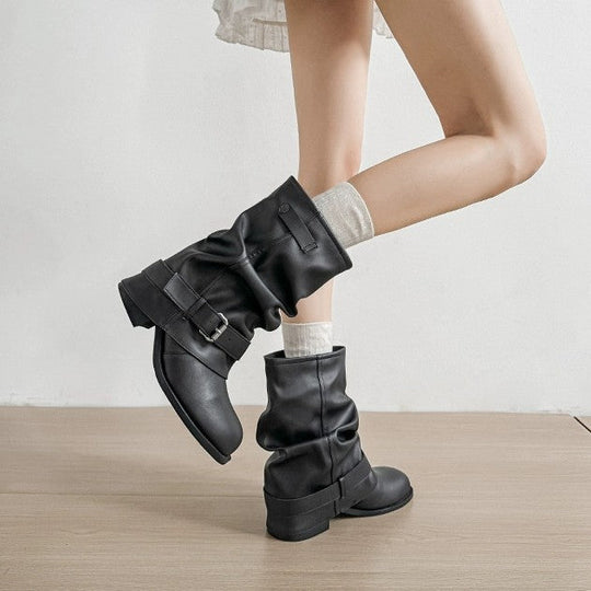 Damen Modische Stiefeletten mit lässigem Falten-Design und eleganter Schnallenverzierung Nord Taschen