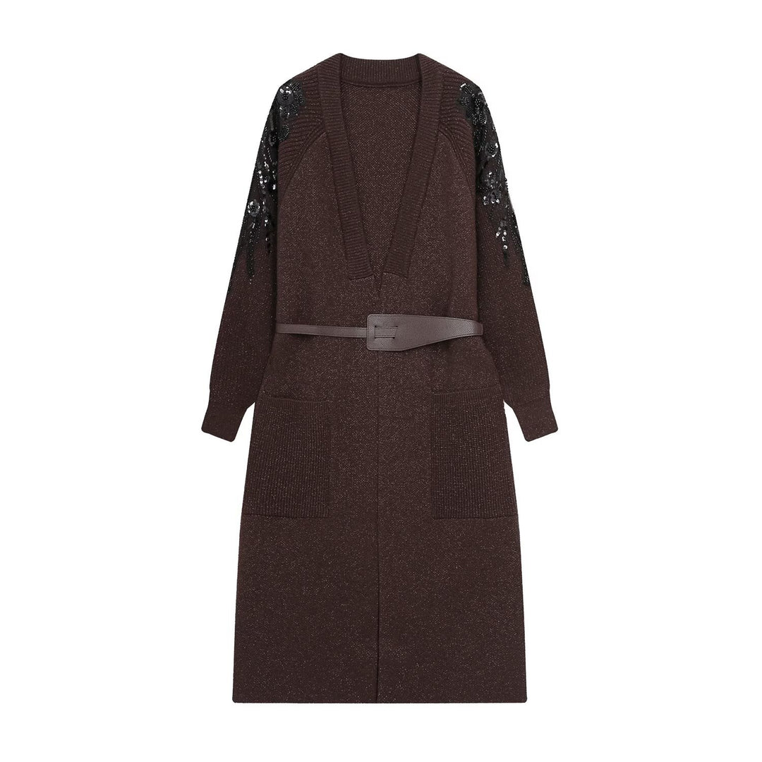 Damen Strick-Midikleid mit tiefem V-Ausschnitt, Taillengürtel und paillettenverzierten Ärmeln Nord Taschen