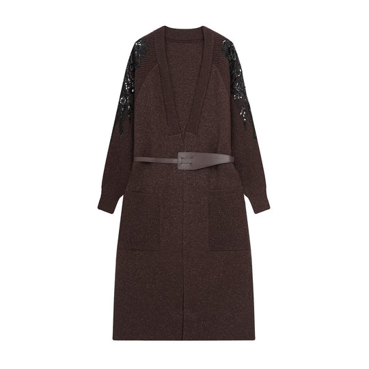 Damen Strick-Midikleid mit tiefem V-Ausschnitt, Taillengürtel und paillettenverzierten Ärmeln Nord Taschen