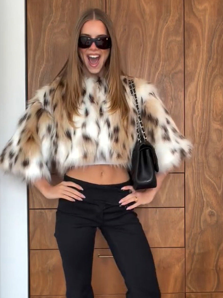 Damen Kurz geschnittener Kunstfell‑Bolero mit Leopardenmuster und voluminösen dreiviertel‑Ärmeln Nord Taschen