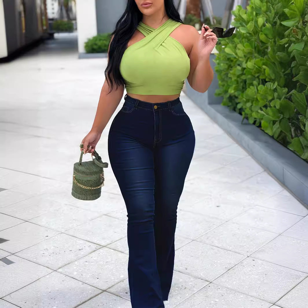 Damen High-Waist Schlaghose aus Stretch-Denim mit figurbetonter Hüftpassform Nord Taschen