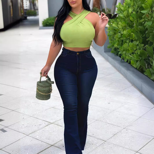 Damen High-Waist Schlaghose aus Stretch-Denim mit figurbetonter Hüftpassform Nord Taschen