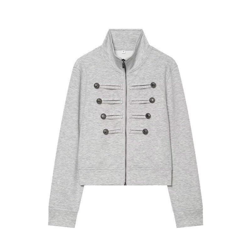 Damen Kurze Sweatjacke im Military-Stil mit Stehkragen und Zierknopfdetails Nord Taschen