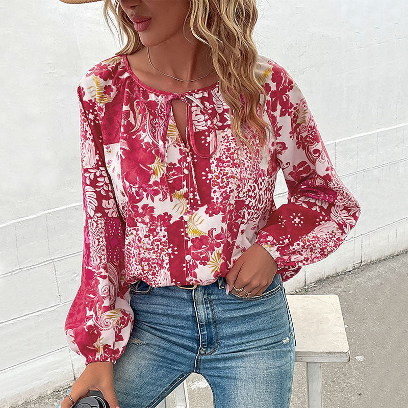 Damen Leichte Boho-Bluse mit Patchwork‑Print, Bindeschlitz und Ballonärmeln Nord Taschen