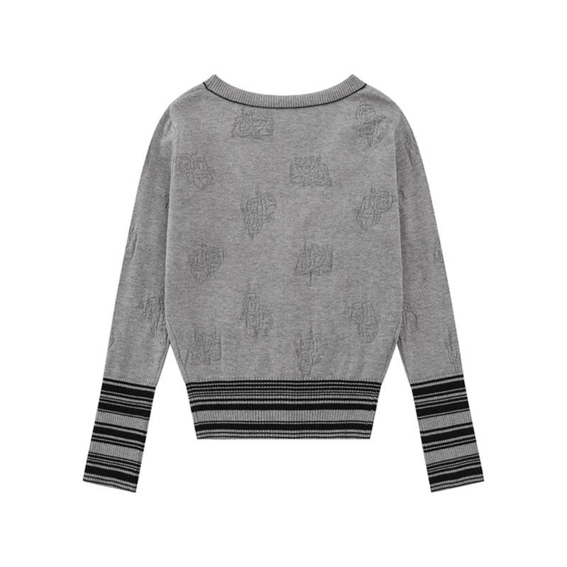 Damen Strickjacke mit V‑Ausschnitt, feinem Jacquardmuster und kontrastierenden Bündchen Nord Taschen