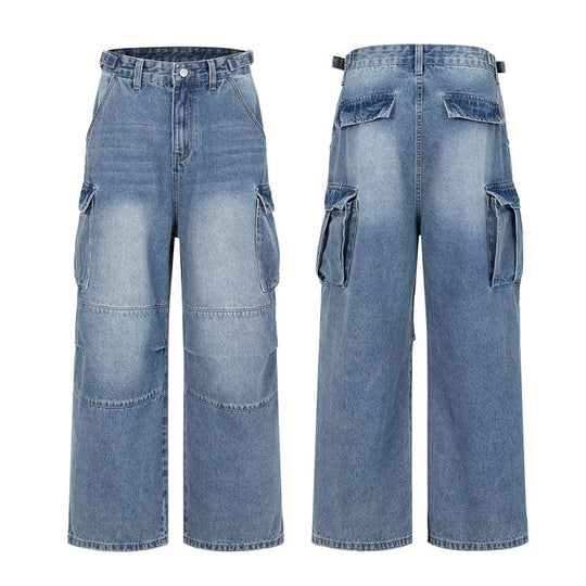 Damen Ultraweite Palazzodenim-Cargohose mit tiefem Schritt und übergroßen Klappentaschen Nord Taschen