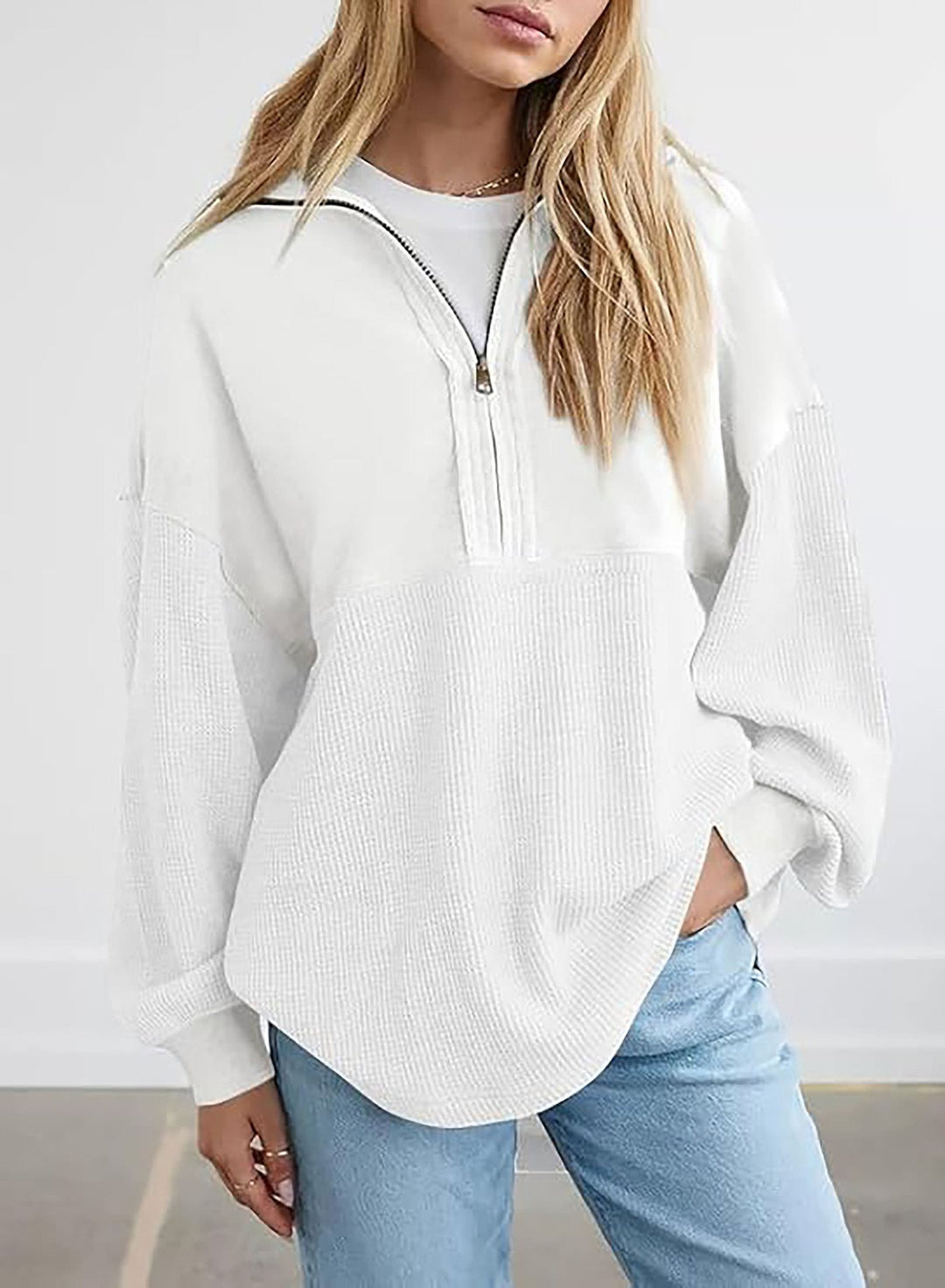 Damen Oversize-Halbzip-Pullover mit Waffelstrick-Einsätzen Nord Taschen