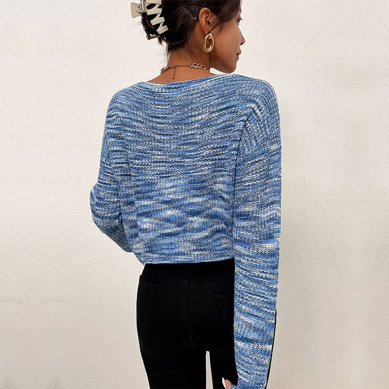 Damen Kurzschnitt Off-Shoulder Strickpullover mit melierter Ajourstruktur Nord Taschen