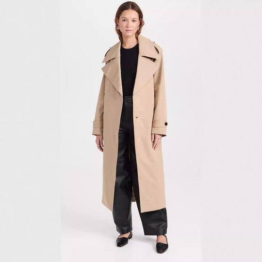 Damen Langer Trenchcoat aus Baumwollmix mit doppelreihiger Knopfleiste, Taillengürtel und Schulterklappen Nord Taschen