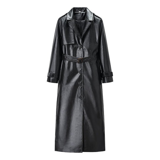 Damen Langer Kunstleder-Trenchcoat mit Taillengürtel und Epauletten Nord Taschen