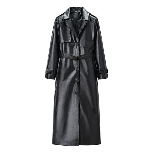 Damen Langer Kunstleder-Trenchcoat mit Taillengürtel und Epauletten Nord Taschen