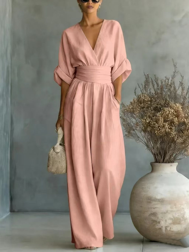 Damen Jumpsuit mit elegantem V-Ausschnitt und weitem Bein R&B