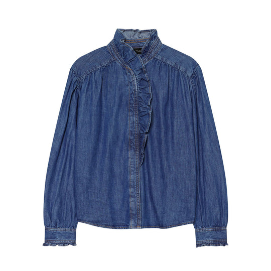 Damen Denimbluse mit Rüschenstehkragen, Ballonärmeln und geraffter Schulter Nord Taschen