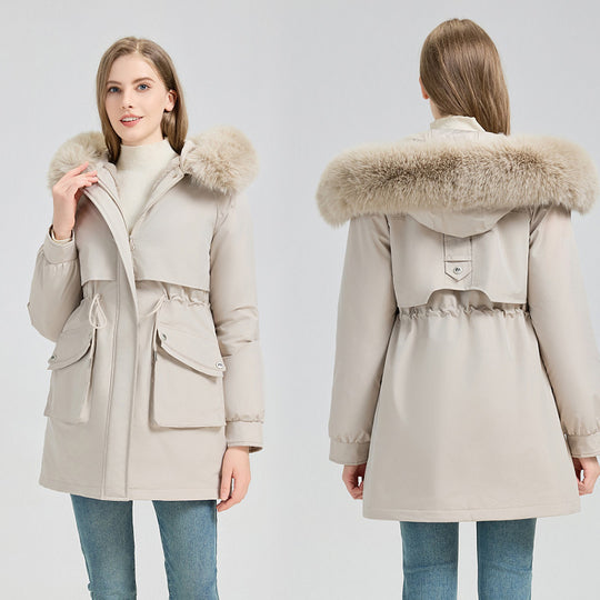Damen nan taillierter Thermo-Parka mit abnehmbarer Kunstpelzkapuze, weichem Teddyfutter und verstellbarem Tunnelzug Nord Taschen