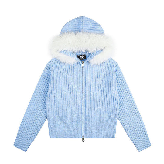 Damen Hochwertige Rippenstrick-Kapuzenjacke mit Zwei-Wege‑Reißverschluss und abnehmbarem Kunstfellkragen Nord Taschen