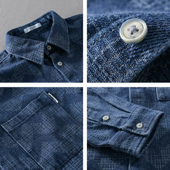 Herren Indigo-Struktur-Overshirt aus gewaschenem Denim mit Zickzack-Jacquard, Kentkragen und Brusttasche Nord Taschen