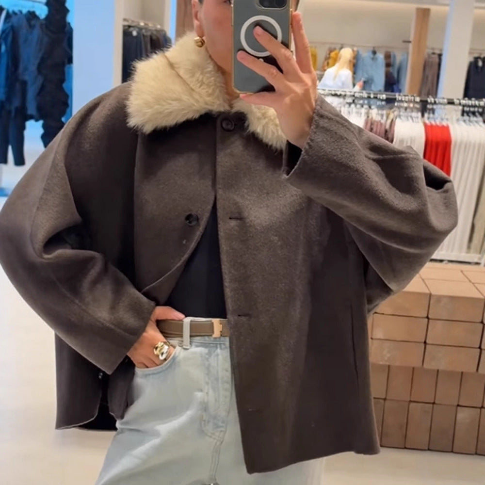 Damen Boxy-Cropped Wollmix-Jacke mit weichem Kunstpelz‑Schalkragen Nord Taschen