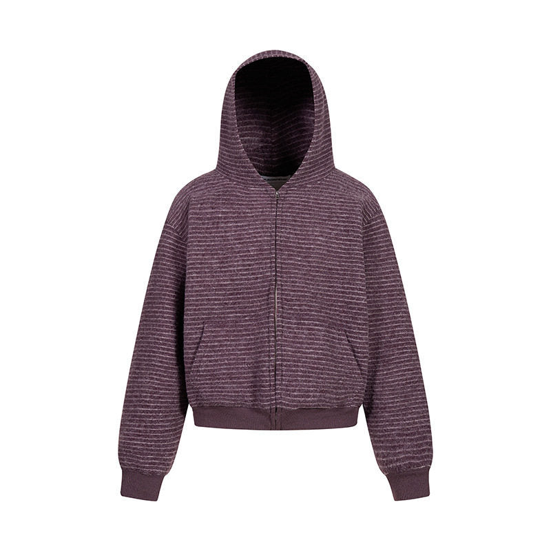 Damen Kurz geschnittene Kapuzen‑Zipjacke mit horizontalem Streifenrelief und elastischem Bund Nord Taschen