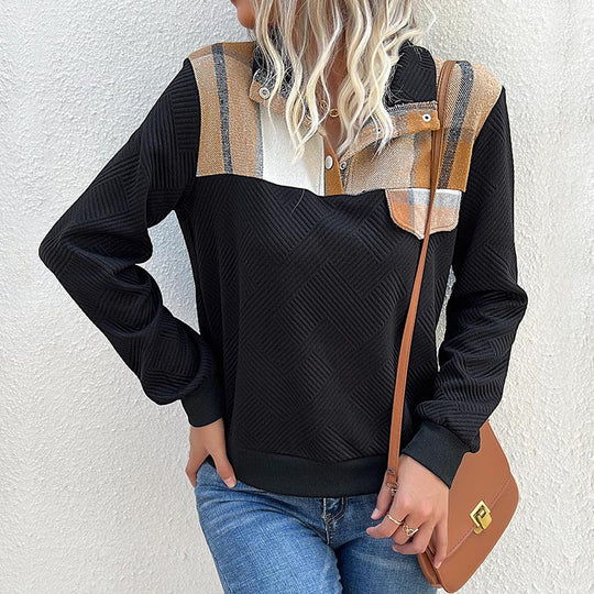 Damen Gestepptes Sweatshirt mit Karobesatz, Stehkragen und Druckknopfleiste Nord Taschen