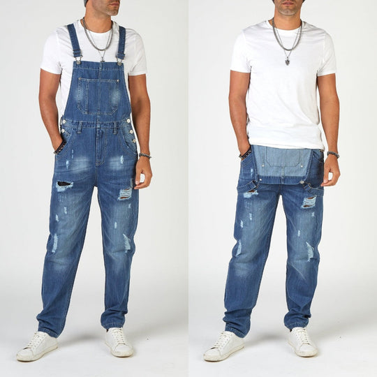 Herren Jeans-Latzhose aus gewaschenem Denim mit Rissdetails