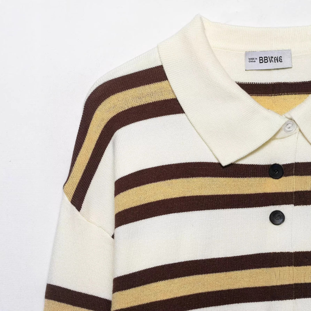 Damen Gestreifter Strick‑Polo‑Pullover im Oversize‑Cropped‑Schnitt Nord Taschen