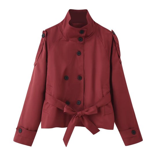 Damen 400+ kurzer taillierter Trenchblouson mit Stehkragen, doppelreihiger Knopfleiste und Bindegürtel Nord Taschen