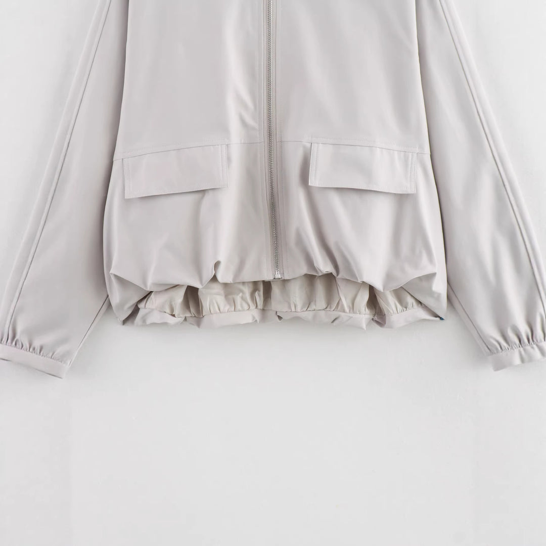 Damen Leichte Cropped-Workerjacke ohne Kragen mit Frontreißverschluss und Pattentaschen Nord Taschen