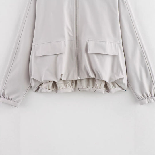 Damen Leichte Cropped-Workerjacke ohne Kragen mit Frontreißverschluss und Pattentaschen Nord Taschen