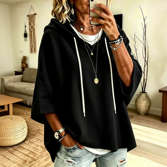 Damen Kurzarm-Oversize-Hoodie mit Kapuze und Kontrastkordel Nord Taschen