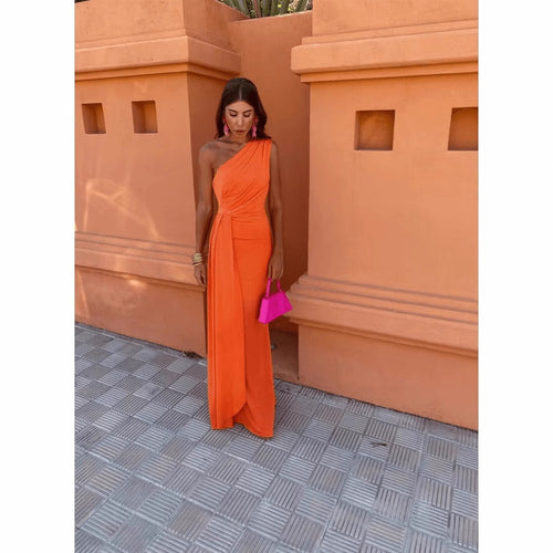 Damen Maxikleid mit asymmetrischem Ärmeldesign und eleganter Drapierung