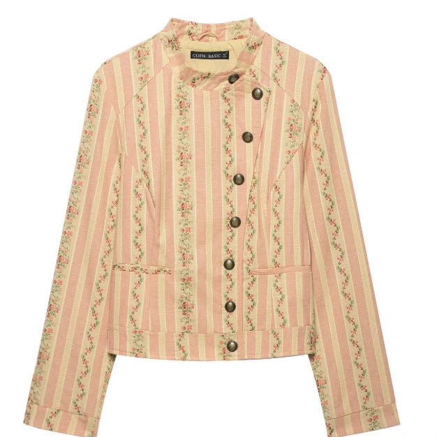 Damen Kurzjacke im Vintage-Streifen- und Blumenmuster mit Stehkragen und dekorativer Knopfleiste Nord Taschen