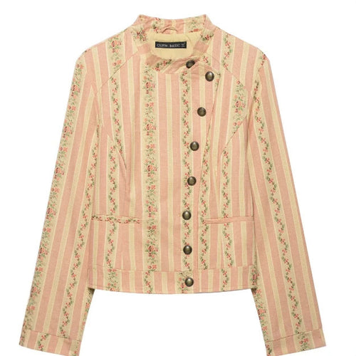 Damen Kurzjacke im Vintage-Streifen- und Blumenmuster mit Stehkragen und dekorativer Knopfleiste Nord Taschen