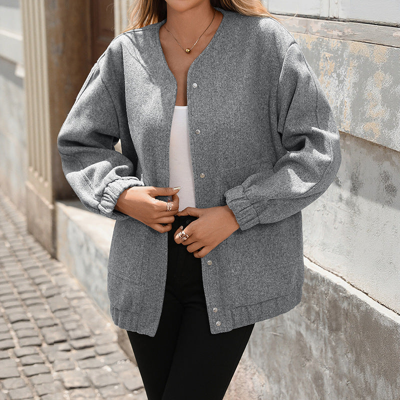 Damen Oversize‑Wolloptik‑Blouson mit Druckknopf‑Verschluss, elastischen Bündchen & aufgesetzten Taschen Nord Taschen