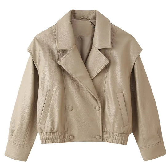 Damen Kurzblouson aus Kunstleder mit zweireihiger Knopfleiste, breitem Revers und gerafftem Bund Nord Taschen
