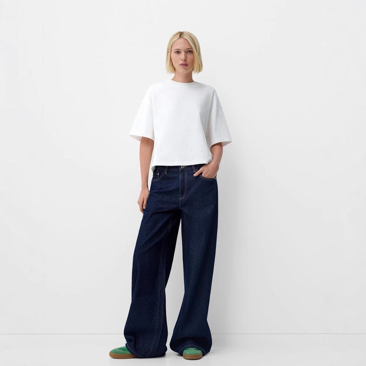 Damen ultraweite bodenlange Denim-Palazzohose mit cleanem Taschen-Schnitt und leichter Stretchwirkung Nord Taschen
