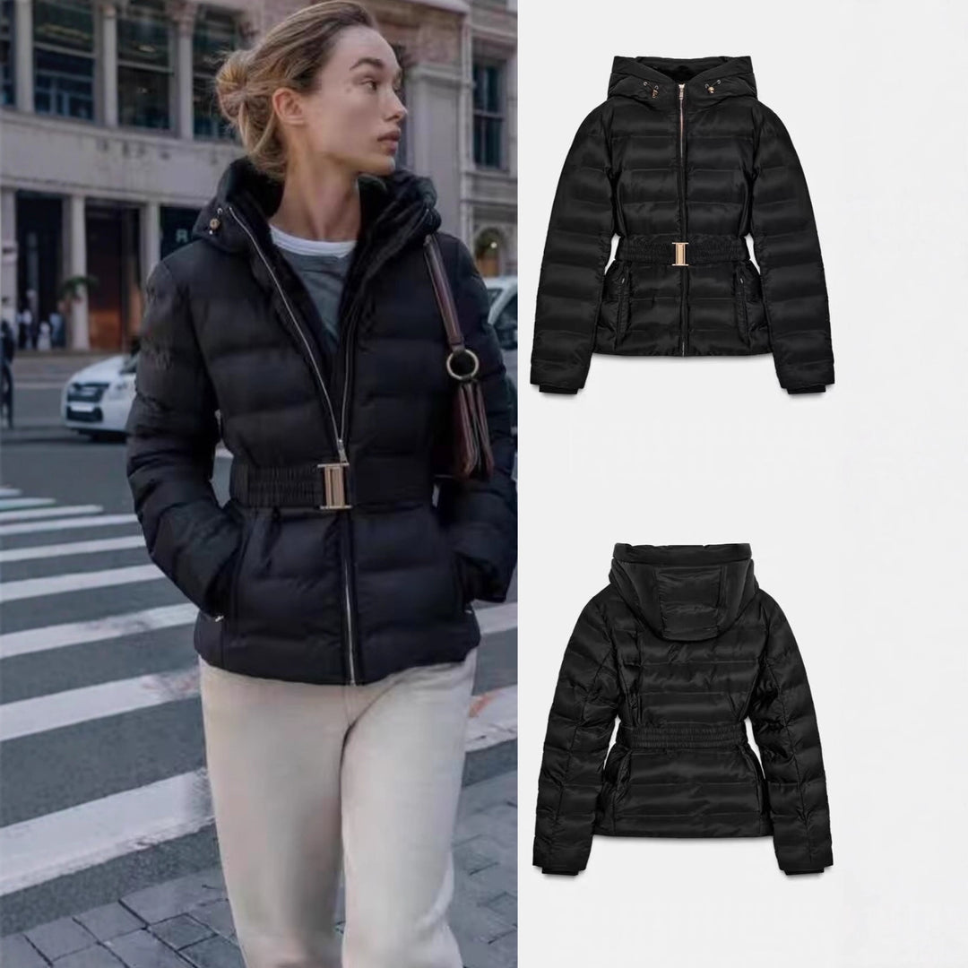 Damen Glänzende Daunenoptik-Steppjacke mit Kapuze und tailliertem Zugbandgürtel Nord Taschen