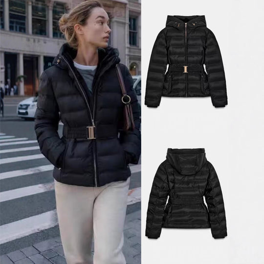 Damen Glänzende Daunenoptik-Steppjacke mit Kapuze und tailliertem Zugbandgürtel Nord Taschen