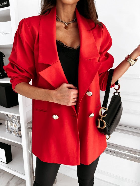 Damen Oversize-Blazer doppelreihig mit gerafften Ärmeln, Notch-Revers und goldfarbenen Zierknöpfen Nord Taschen