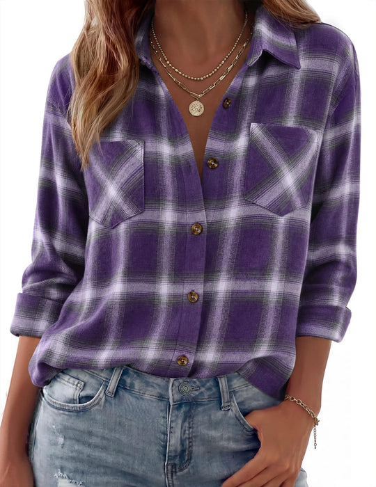 Damen Karierte Oversize-Hemdjacke aus Flanell mit Brusttaschen Nord Taschen