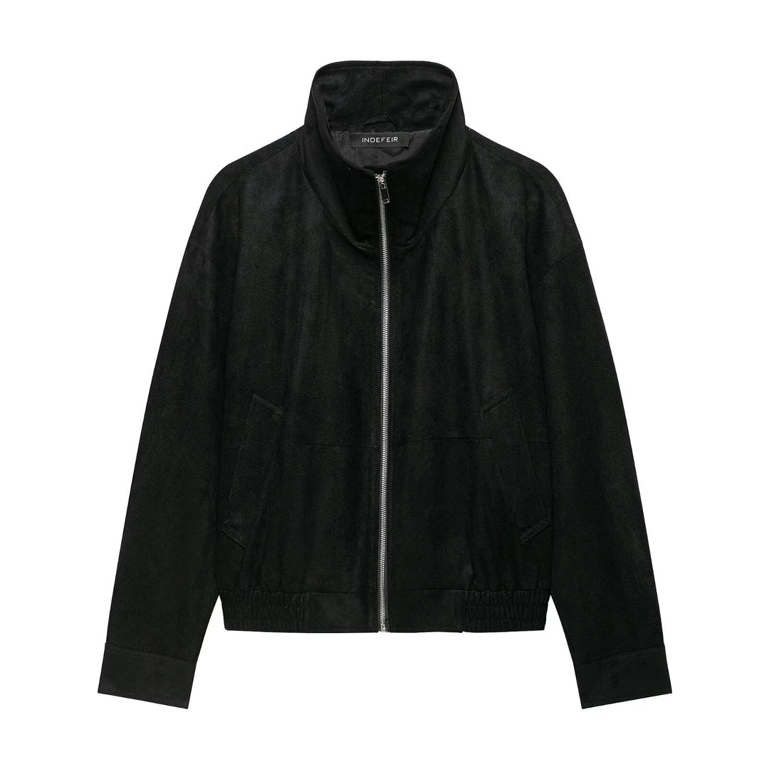 Damen Veloursleder‑Optik Bomberjacke mit hohem Funnelkragen und Gummibund Nord Taschen