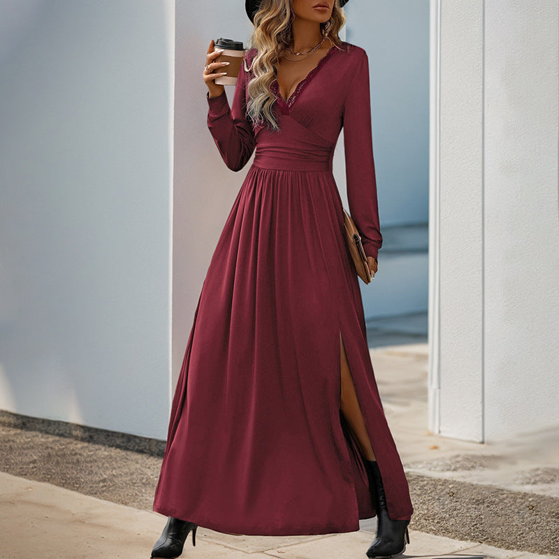 Damen Fließendes Maxikleid mit Spitzen‑V‑Ausschnitt, Wickel‑Taille und Seitenschlitz Nord Taschen