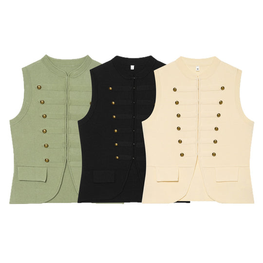 Damen Strickweste im Military‑Stil mit goldenen Zierknöpfen Nord Taschen