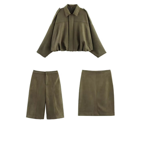 Damen Oversize-Suede-Blouson mit verkürztem Saum und Schulterklappen Nord Taschen