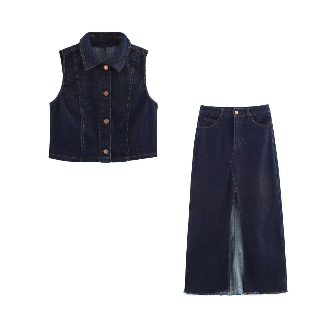 Damen Langer Jeans-Midirock mit hoher Taille, Frontschlitz und rohem Saum Nord Taschen