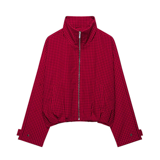 Damen Cropped Übergangsjacke mit hohem Stehkragen, Karomuster und elastischem Saum Nord Taschen