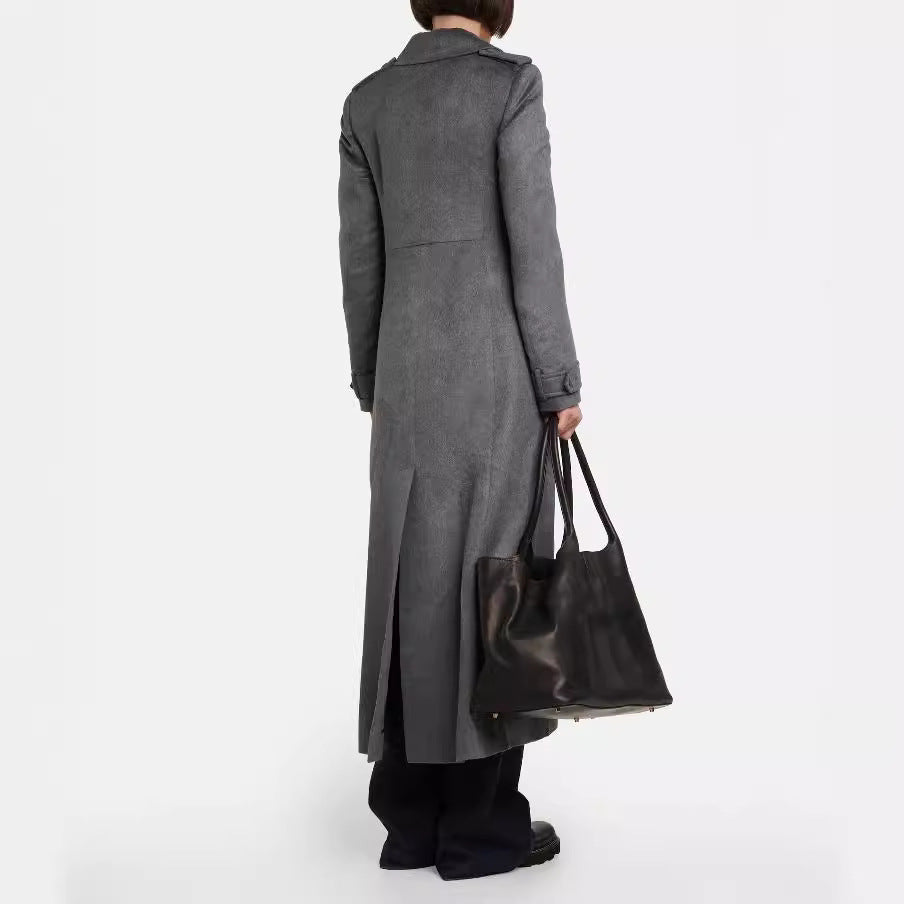 Damen Bodenlanger Zweireihiger Mantel im Vintage-Tailoring mit breitem Schalkragen Nord Taschen