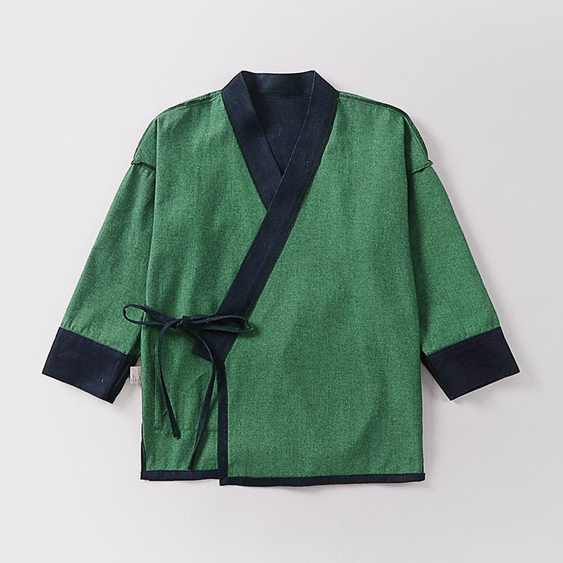 Unisex Leichte Wickel-Kimono-Jacke aus Leinen-Baumwollmix mit Kontrastbesatz und Bindegürtel Nord Taschen