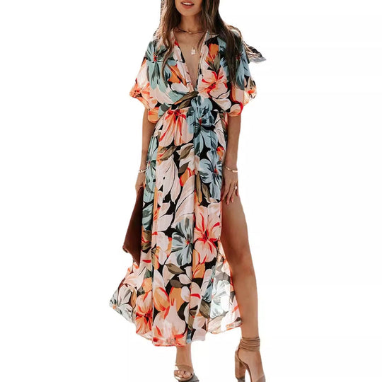 Damen Maxikleid mit floralem Wickeldesign und tiefem V-Ausschnitt