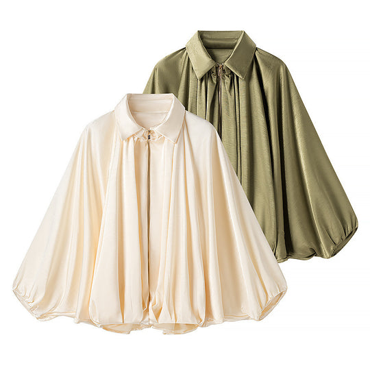 Damen Seidig-fließende Cape-Bluse mit Reißverschluss, Ballonärmeln und Hemdkragen Nord Taschen
